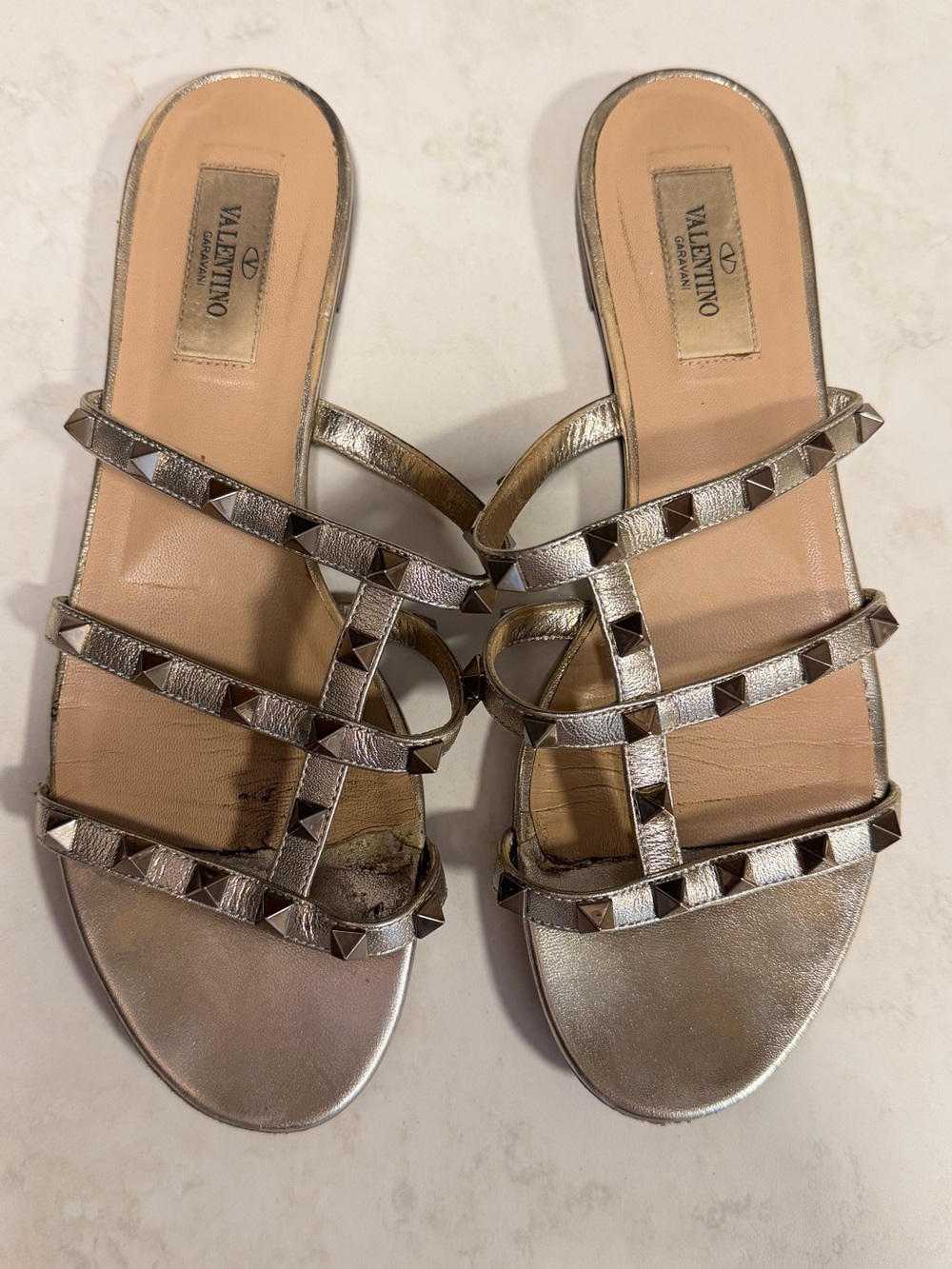 Valentino Metallic Silver Rockstud Strappy Slide sandals pewter size 38.5